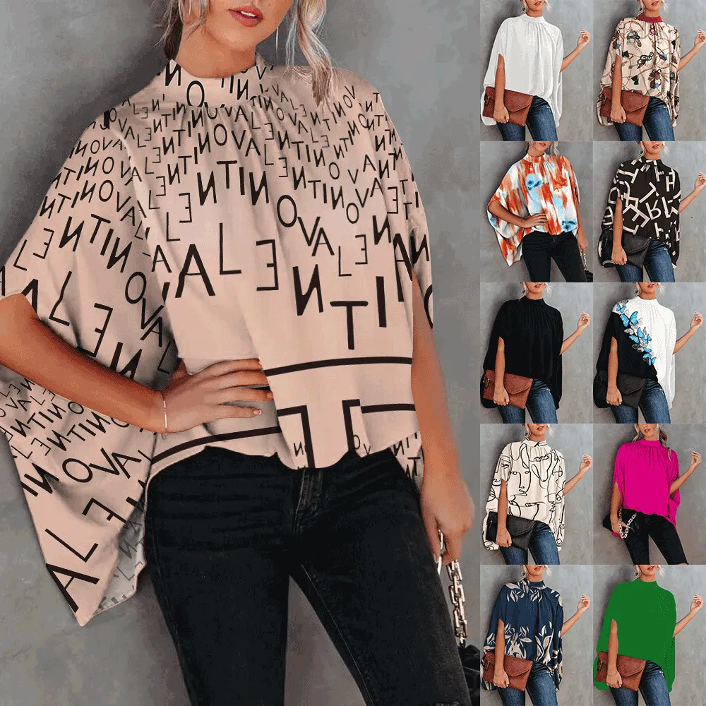 Women Elegant Office Casual Loose Batwing Sleeve Print Round Neck Summer Blouse