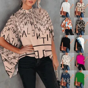 Women Elegant Office Casual Loose Batwing Sleeve Print Round Neck Summer Blouse