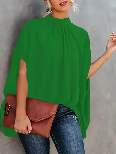 Women Elegant Office Casual Loose Batwing Sleeve Print Round Neck Summer Blouse