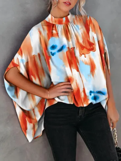 Women Elegant Office Casual Loose Batwing Sleeve Print Round Neck Summer Blouse