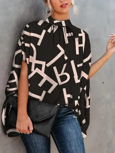 Women Elegant Office Casual Loose Batwing Sleeve Print Round Neck Summer Blouse