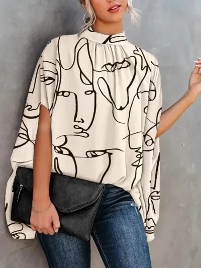 Women Elegant Office Casual Loose Batwing Sleeve Print Round Neck Summer Blouse