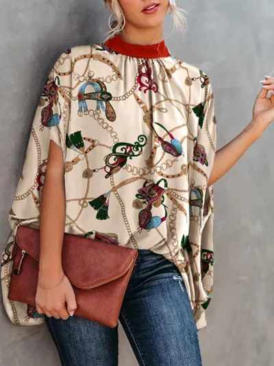 Women Elegant Office Casual Loose Batwing Sleeve Print Round Neck Summer Blouse