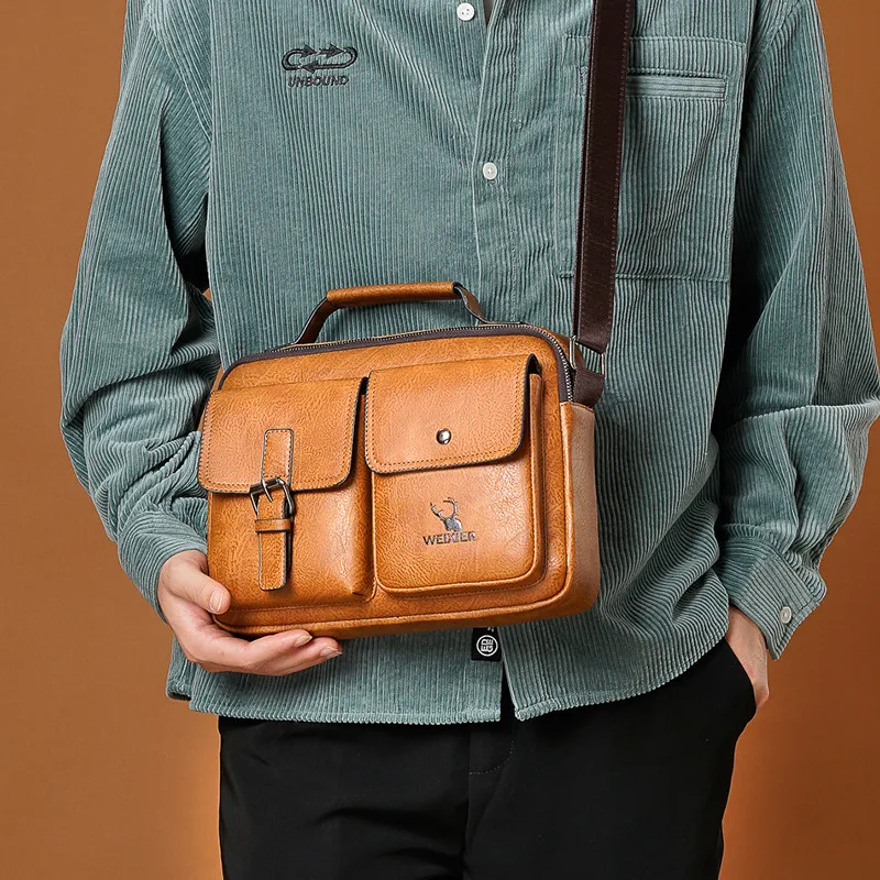 Men Vintage Casual Buckle Design Multifunctional Multi-pocket PU Shoulder Bag