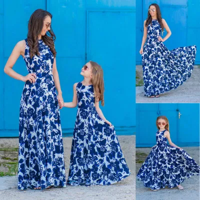 Mother Daughter Kids Girls Casual Floral All Over Print Round Neck Sleeveless Holiday Parent-child Maxi Dress