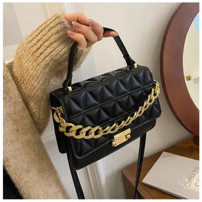 Women Casual Chain Design Rhombus Embossing Solid Color PU Crossbody Bag