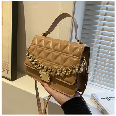 Women Casual Chain Design Rhombus Embossing Solid Color PU Crossbody Bag