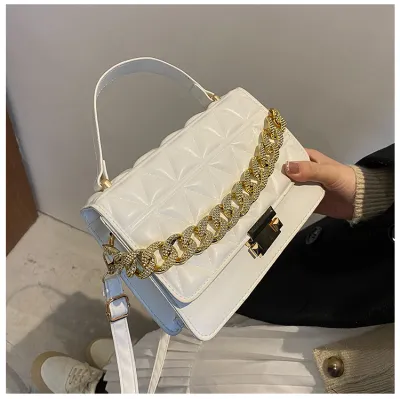Women Casual Chain Design Rhombus Embossing Solid Color PU Crossbody Bag