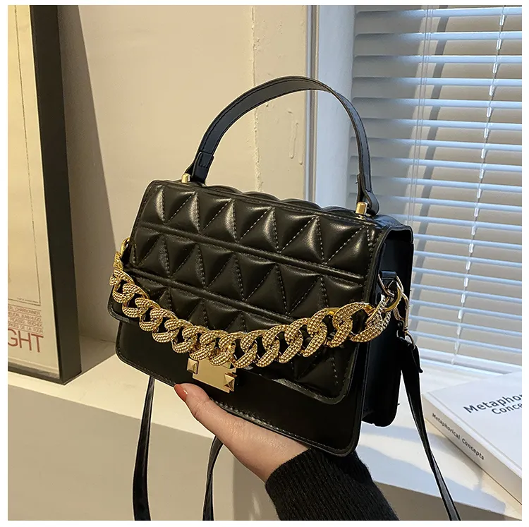 Women Casual Chain Design Rhombus Embossing Solid Color PU Crossbody Bag