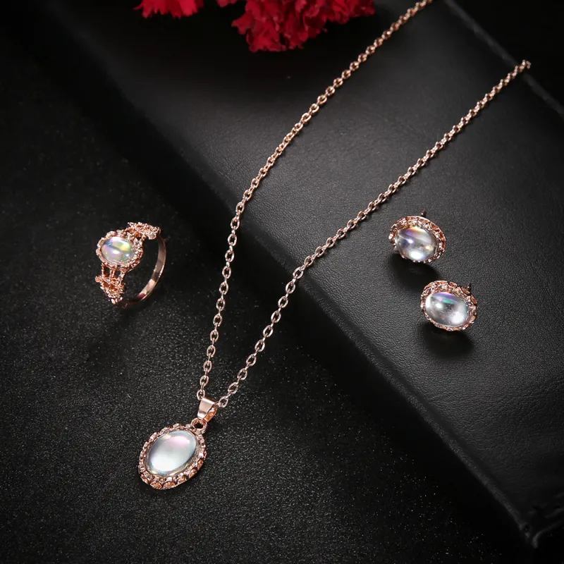 Women Vintage Water Drop Opal Necklace Earrings Ring Jewelry Set
