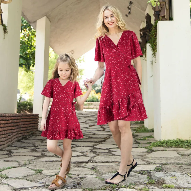 Mother Daughter Kids Girls Casual Polka Dot All Over Print Wrap Neck Short Sleeve Ruffled Chiffon Parent-child Dress