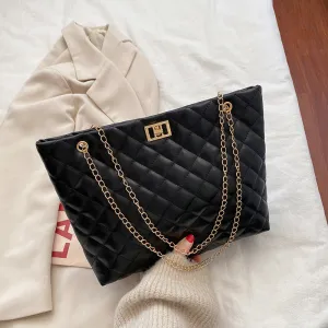 Women Basic Casual Chain Design Rhombus Stitching Solid Color Large Capacity PU Shoulder Bag
