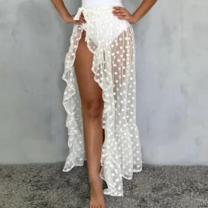 Summer Women Sexy Edgy Mesh Seethrough Polka Dot Beach Cover Up Ruffled Side-slit Flared Skirt