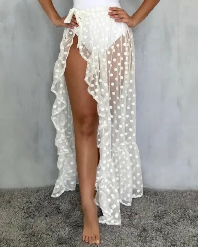 Summer Women Sexy Edgy Mesh Seethrough Polka Dot Beach Cover Up Ruffled Side-slit Flared Skirt