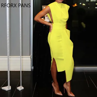 Women Elegant Basic Solid Color Sleeveless Side-Slit Zipper Irregular Bodycon Dress