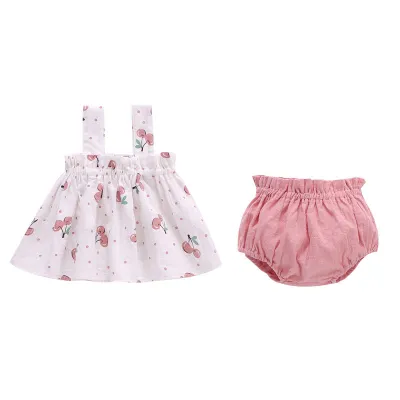Baby Girls Fashion Summer Set: Cotton Camisole & Shorts with Cartoon Fruit Print