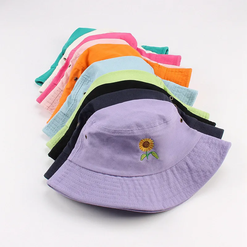 Wholesale Women Summer Casual Sunflower Embroidery Washed Cotton Sunshade Bucket  Hat