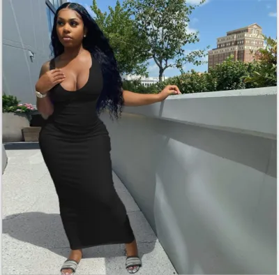 Women Sleeveless V Neck Bodycon Maxi Dress in Solid Color