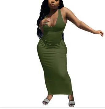 Women Sleeveless V Neck Bodycon Maxi Dress in Solid Color