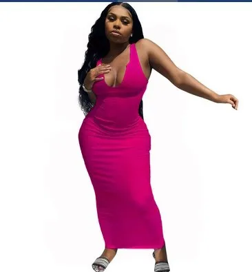 Women Sleeveless V Neck Bodycon Maxi Dress in Solid Color