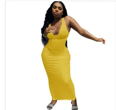 Women Sleeveless V Neck Bodycon Maxi Dress in Solid Color