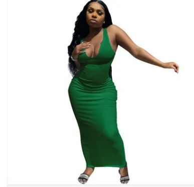 Women Sleeveless V Neck Bodycon Maxi Dress in Solid Color