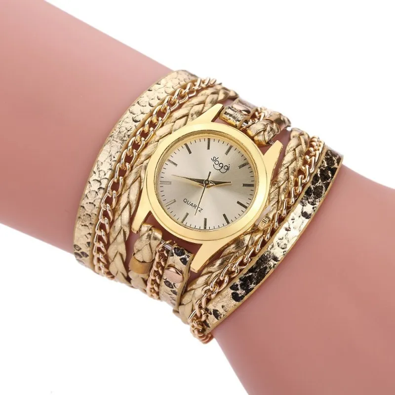 Women Trendy Snakeskin Printed Multilayer Wrap Leather Band Quartz Watch