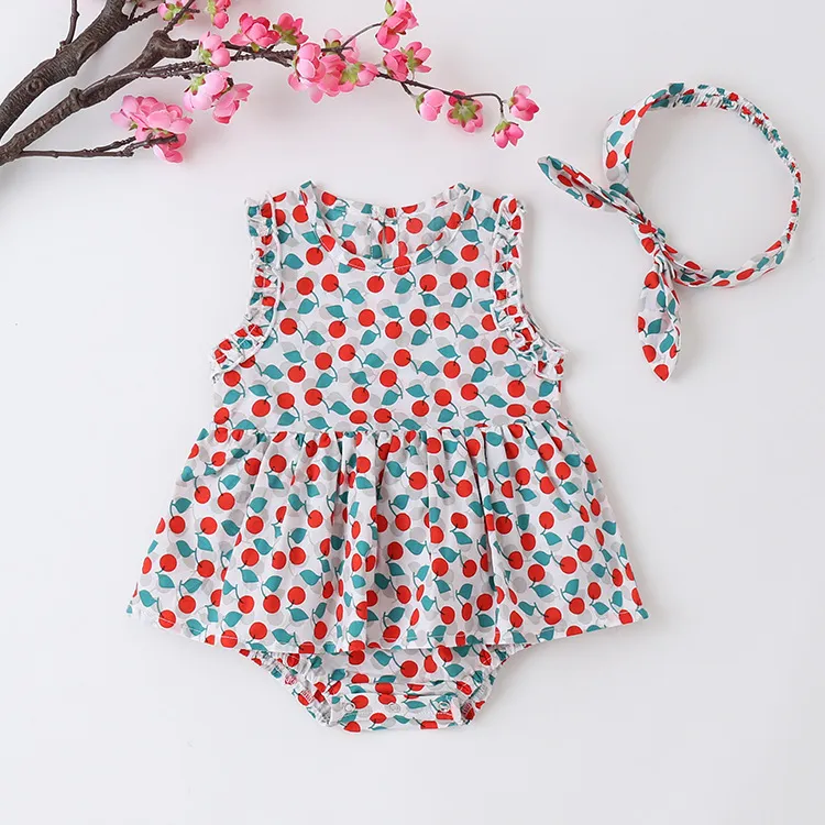 Baby Girls Casual Round Neck Sleeveless Loose Romper With Headband Set Cotton Triangle Climb