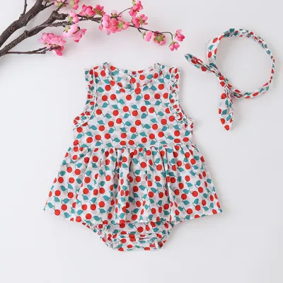 Baby Girls Casual Round Neck Sleeveless Loose Romper With Headband Set Cotton Triangle Climb