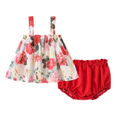 Baby Girls Cute Cartoon Print Camisole And Elastic Shorts Set Sleeveless Pullover Cotton Blend 0-3T