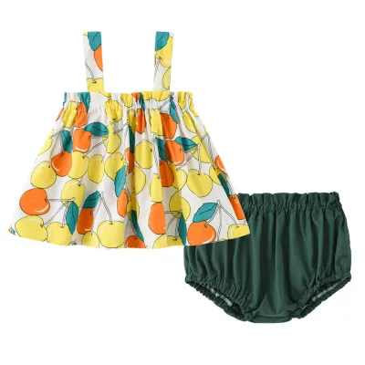 Baby Girls Cute Cartoon Print Camisole And Elastic Shorts Set Sleeveless Pullover Cotton Blend 0-3T