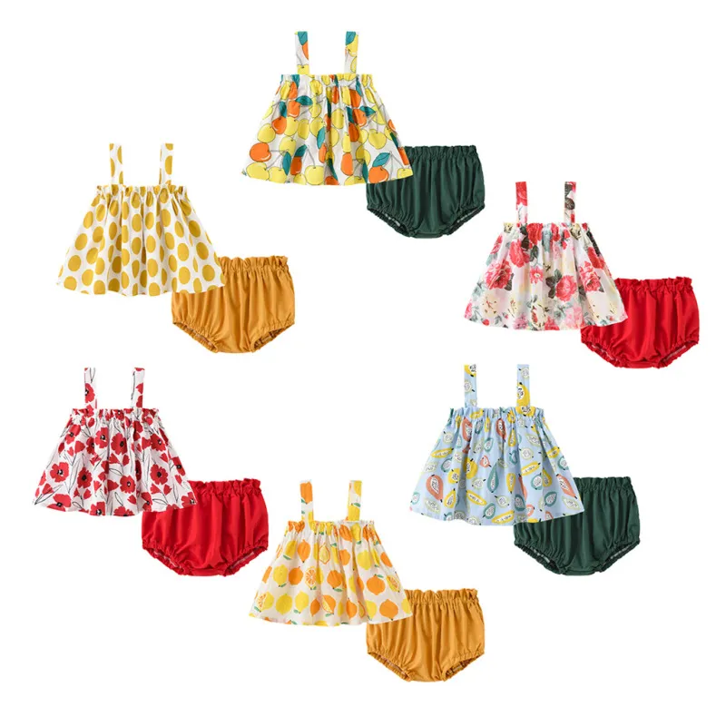 Baby Girls Cute Cartoon Print Camisole And Elastic Shorts Set Sleeveless Pullover Cotton Blend 0-3T