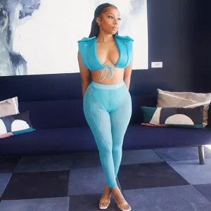 Women Edgy Sexy Sleeveless Bandage Solid Color Crop Top And Mesh See-through Leggings Two Piece Set