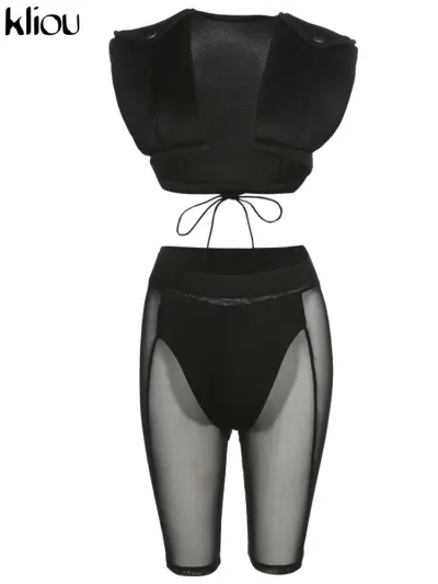 Women Edgy Sexy Sleeveless Bandage Solid Color Crop Top And Mesh See-through Leggings Two Piece Set