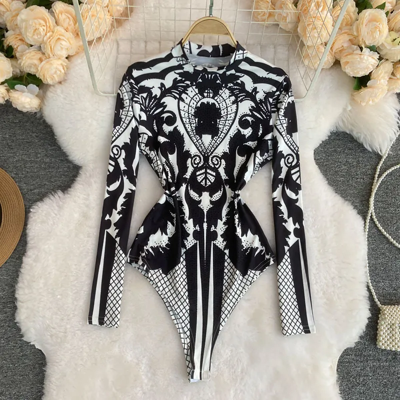 Women Elegant Office Stand Neck Long Sleeve Bodycon Bodysuit