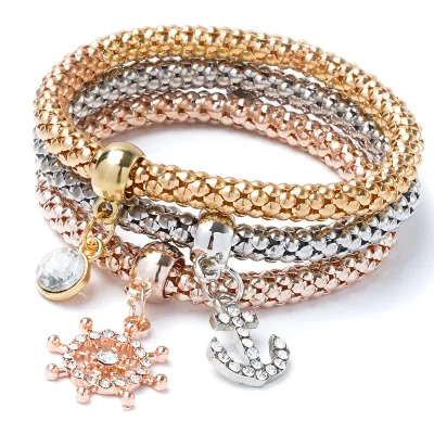 Unisex Trendy Rhinestone Pendant Three Color Alloy Bracelet Set