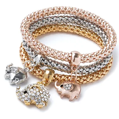 Unisex Trendy Rhinestone Pendant Three Color Alloy Bracelet Set
