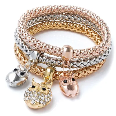 Unisex Trendy Rhinestone Pendant Three Color Alloy Bracelet Set