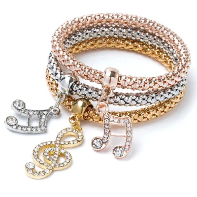Unisex Trendy Rhinestone Pendant Three Color Alloy Bracelet Set
