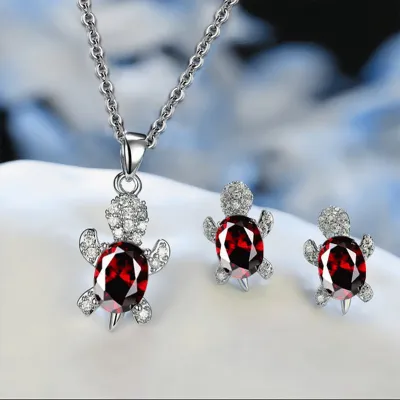 Women Cute Rhinestone Turtle Shaped Design Necklace And Earrings Set