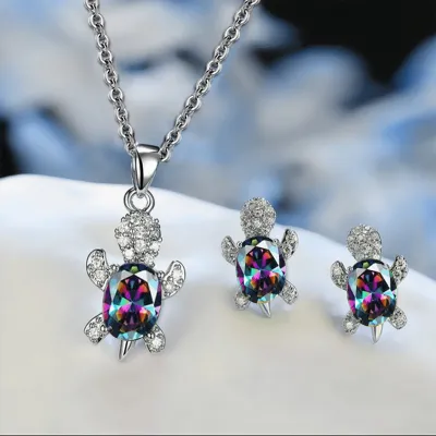 Women Cute Rhinestone Turtle Shaped Design Necklace And Earrings Set