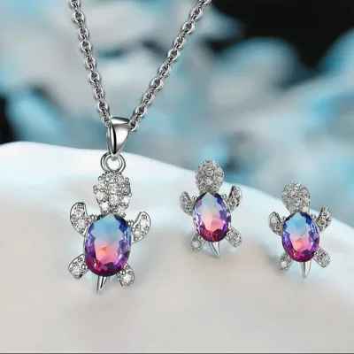 Women Cute Rhinestone Turtle Shaped Design Necklace And Earrings Set
