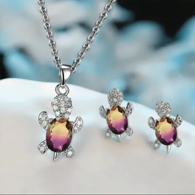 Women Cute Rhinestone Turtle Shaped Design Necklace And Earrings Set