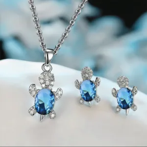 Women Cute Rhinestone Turtle Shaped Design Necklace And Earrings Set
