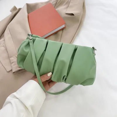 Women Casual Crease Design Solid Color PU Shoulder Bag