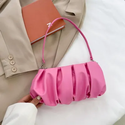 Women Casual Crease Design Solid Color PU Shoulder Bag