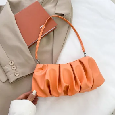 Women Casual Crease Design Solid Color PU Shoulder Bag