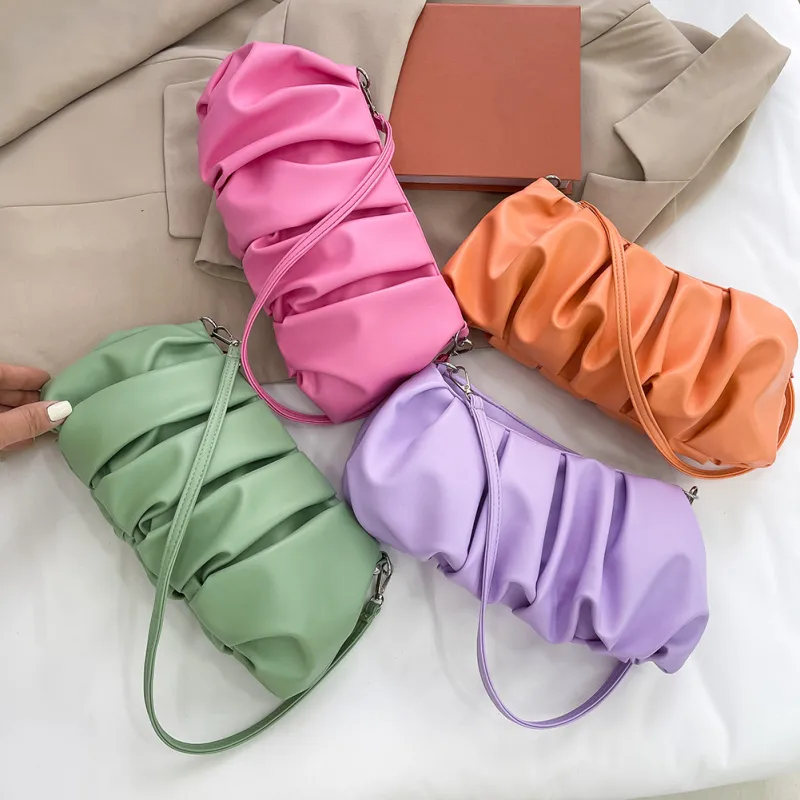 Women Casual Crease Design Solid Color PU Shoulder Bag