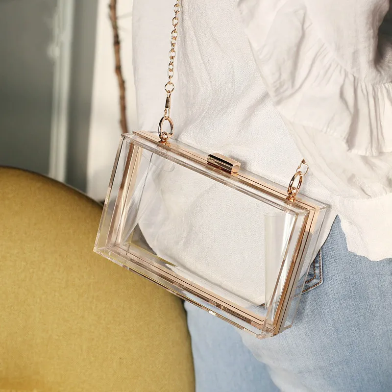 Women Fashion Clear Crossbody Solid Color Buckle Design Portable Box Small Square Evening Bag