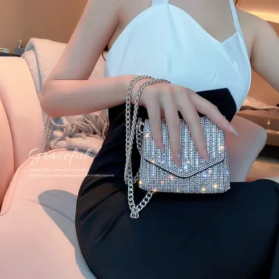 Women Sparkling Rhinestone Decoration Flap Design Solid Color Evening Bag Crossbody Bags